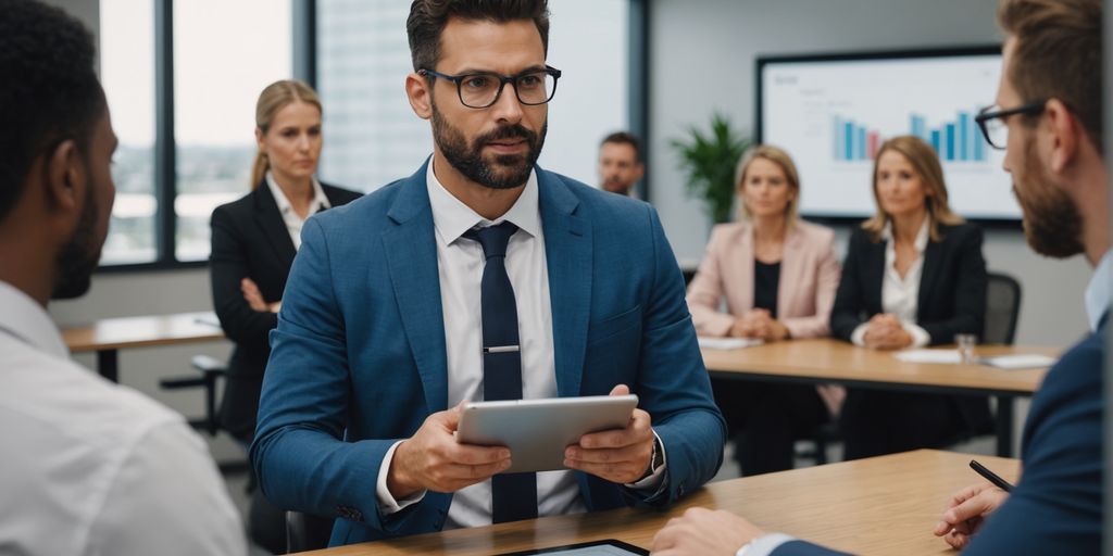 Business professional showcasing AI solution to clients