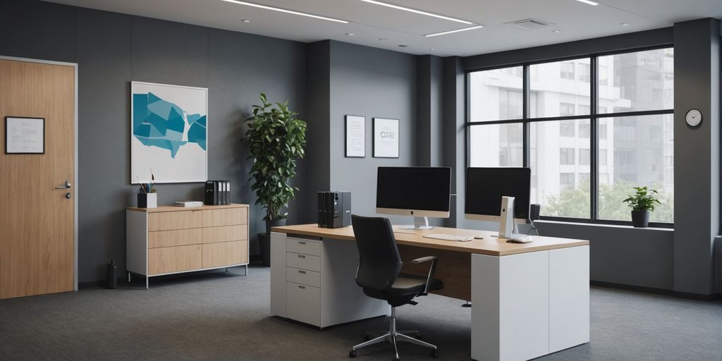 Empty office reception desk with computer monitor.