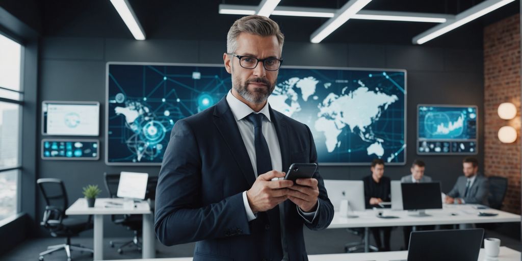 Businessperson with smartphone and digital interface graphics.