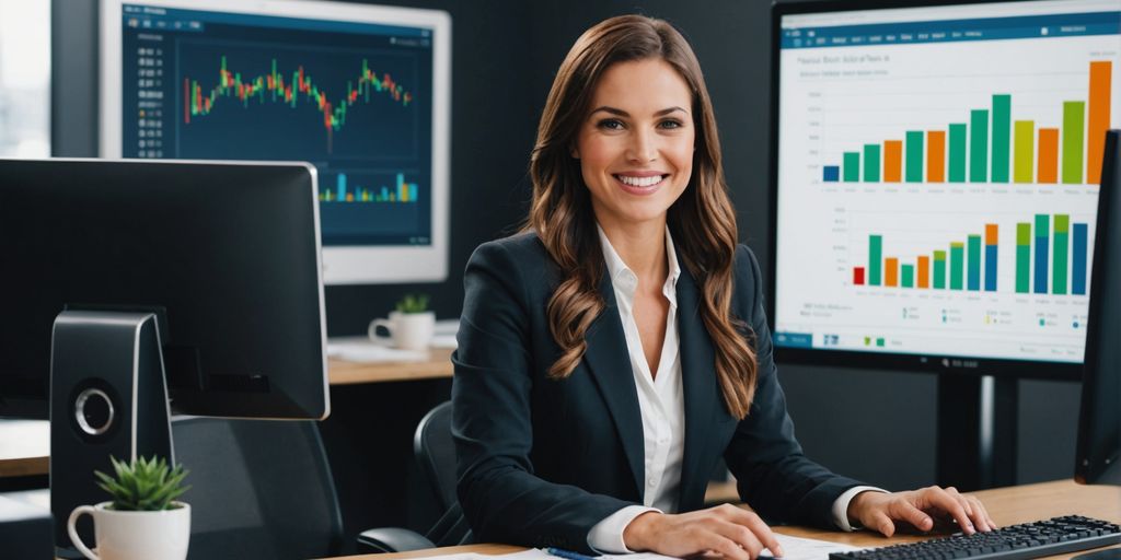 Receptionist at computer with profit graph.