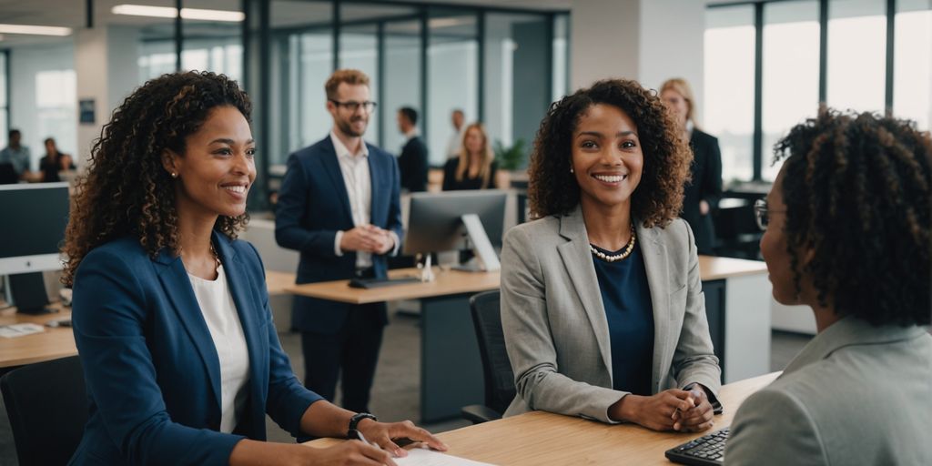 AI receptionist with diverse group in modern office.