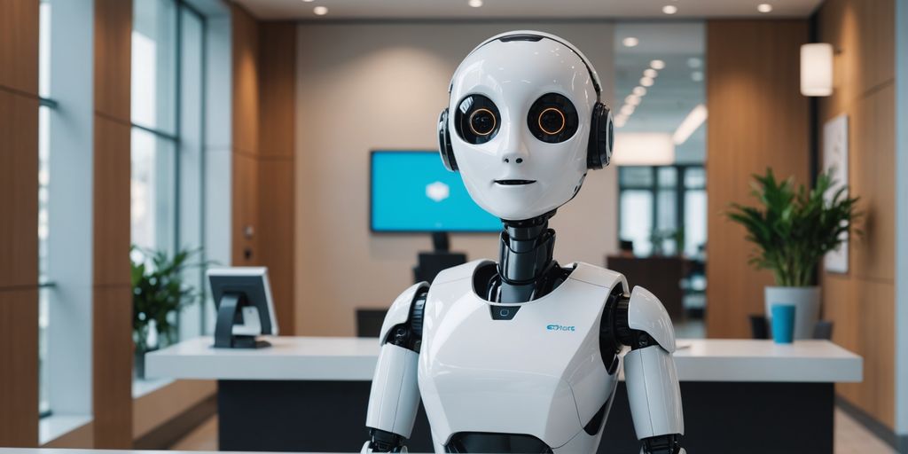 AI receptionist robot at office desk