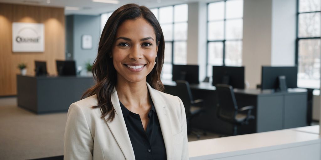 AI receptionist smiling behind a modern desk