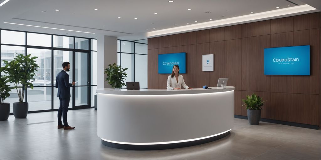 AI robot receptionist in modern office lobby