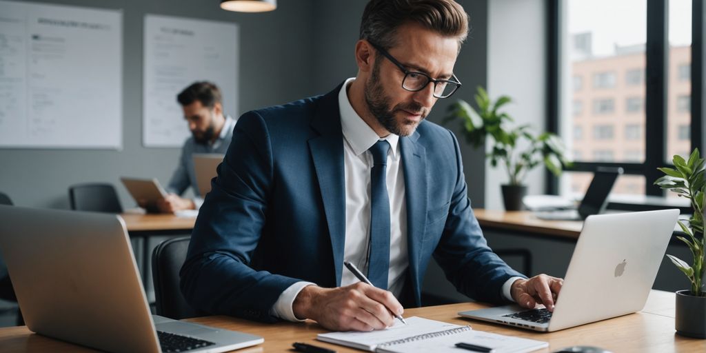 Businessperson multitasking with laptop and smartphone
