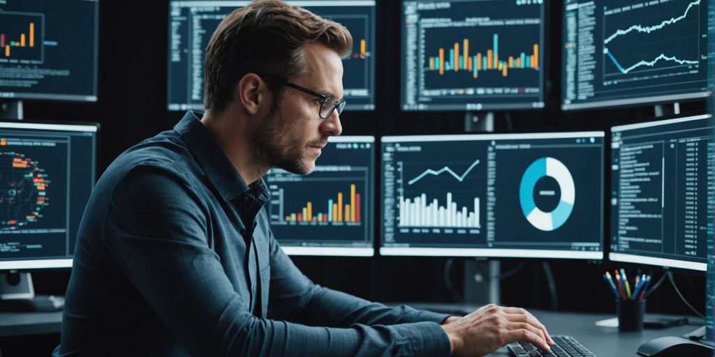 Person analyzing data with AI technology graphics.