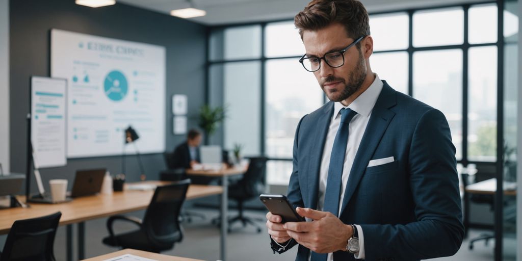 Professional with smartphone and legal documents.