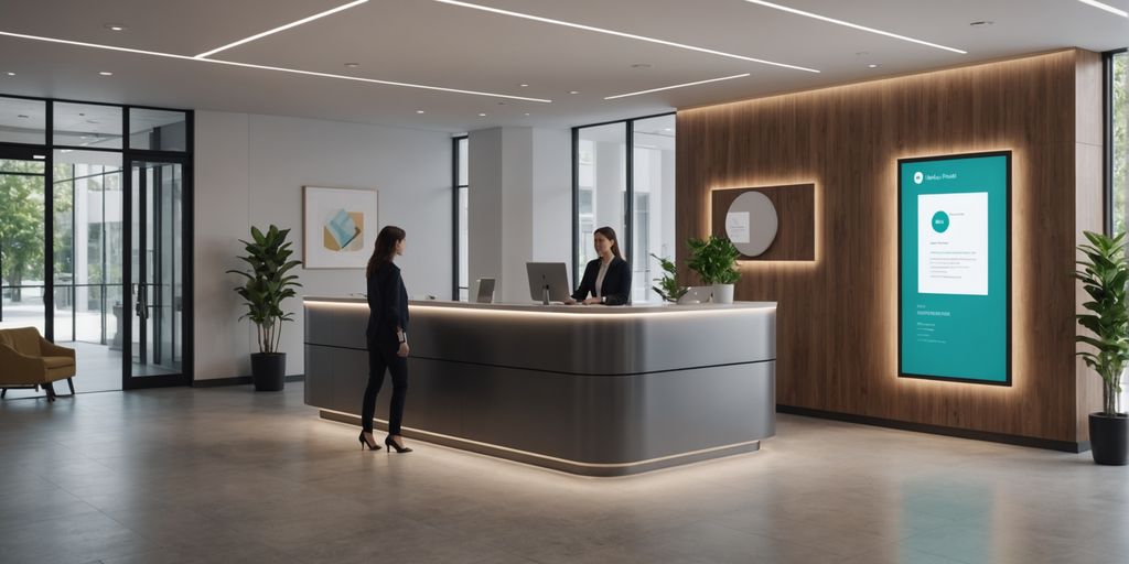 AI receptionist kiosk in a modern office lobby