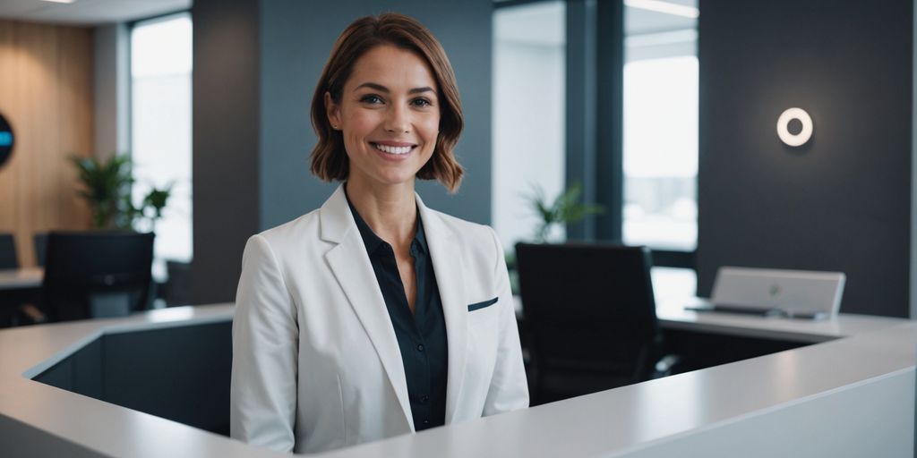 Friendly AI receptionist at a modern desk