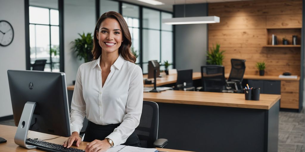 Receptionist at modern desk smiling and engaging