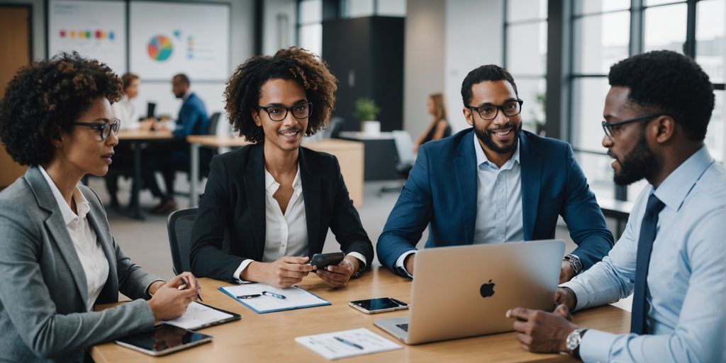 Business professionals discussing AI tools in an office.