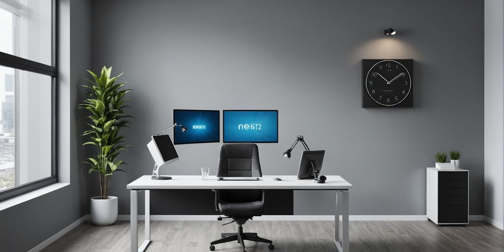 Modern office reception with desk and headset