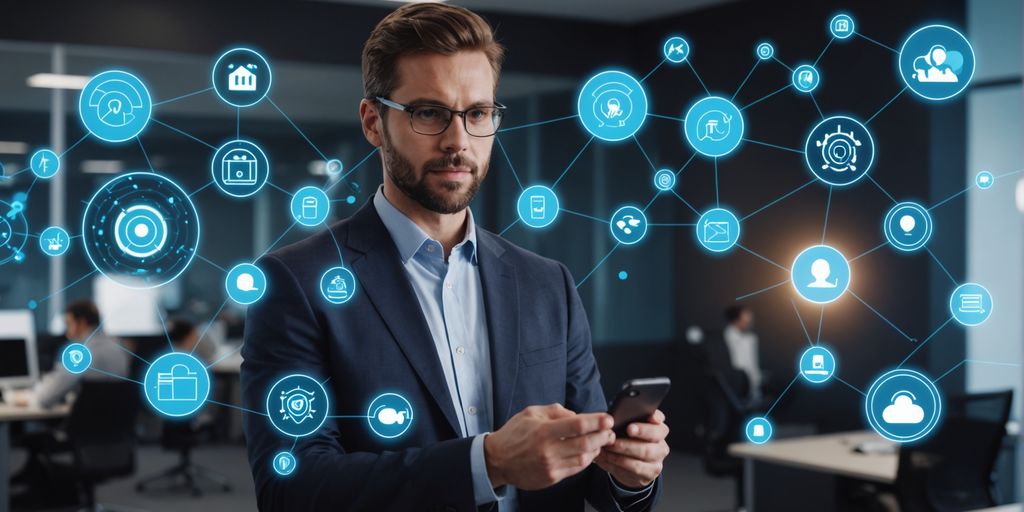 Professional holding smartphone with AI voice interface.