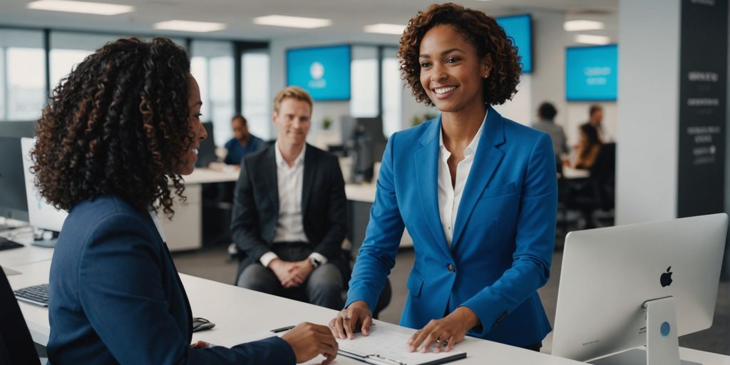 AI receptionist engaging with diverse office visitors.