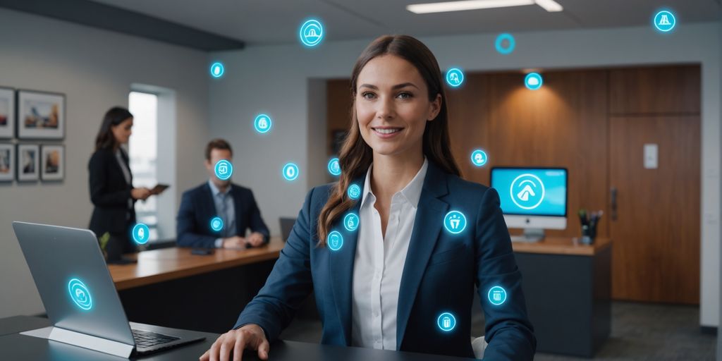 AI receptionist hologram at modern office desk