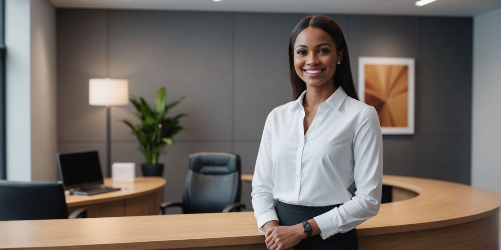 AI receptionist smiling behind a modern reception desk