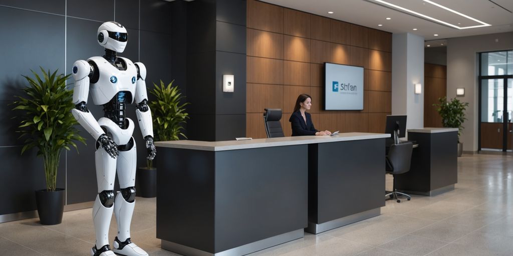 Humanoid robot greets visitor in modern office lobby.