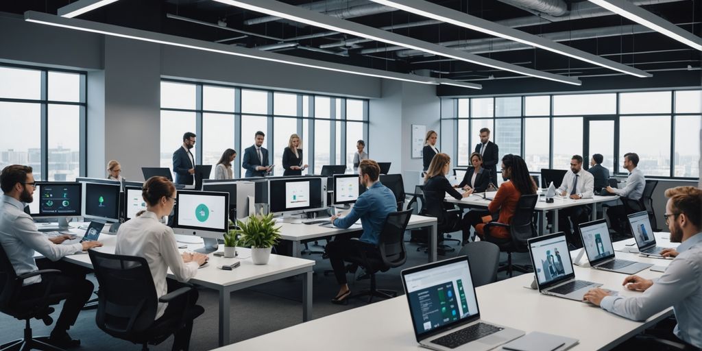 Professionals collaborating in a modern office.