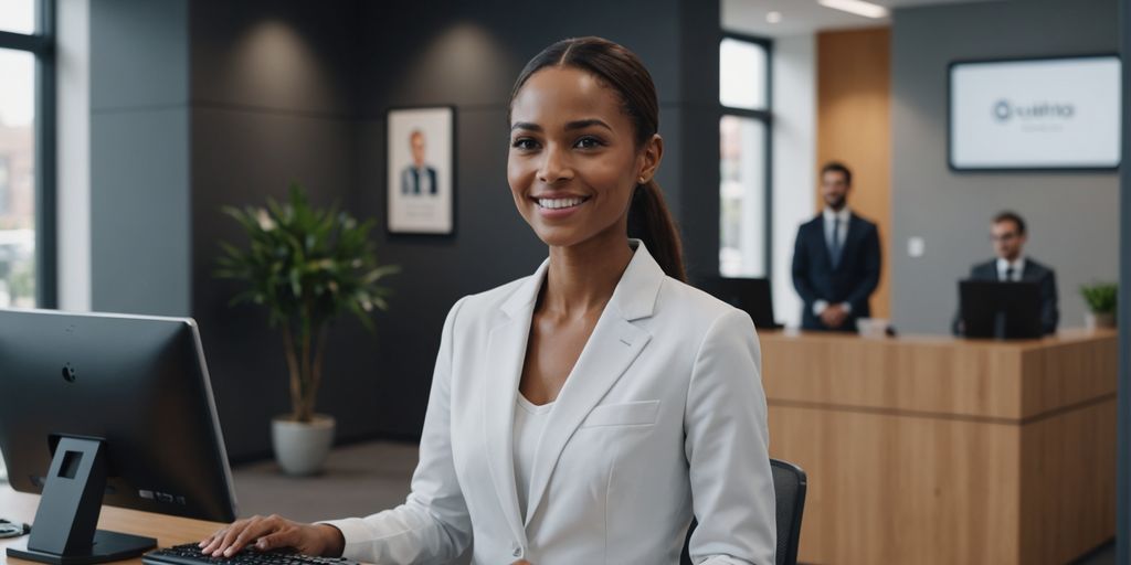 AI robot receptionist in modern office with businessperson