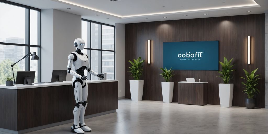 AI robot receptionist in modern office with business professional.