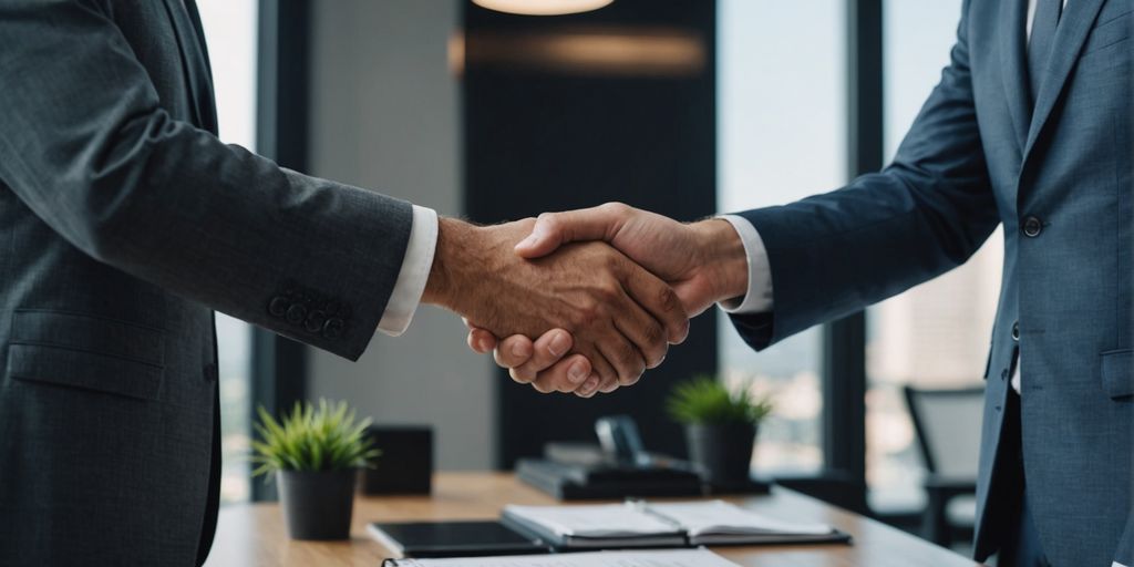 Businessperson shaking hands with client in office.