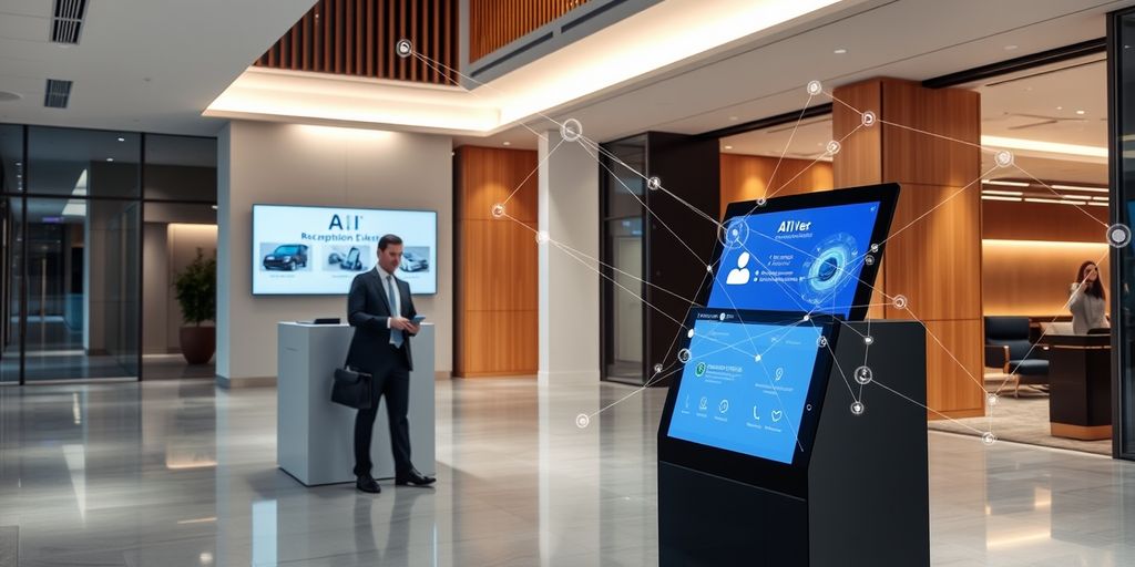 AI receptionist in modern office lobby with digital network.