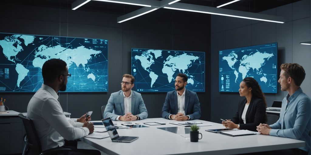 Professionals discussing AI technology in a modern office.