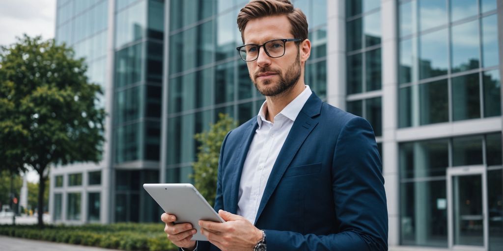 Professional holding tablet in front of office building.