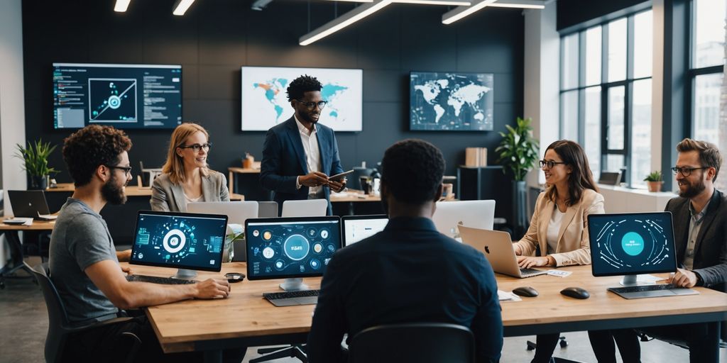 Entrepreneurs collaborating with AI graphics on laptops.