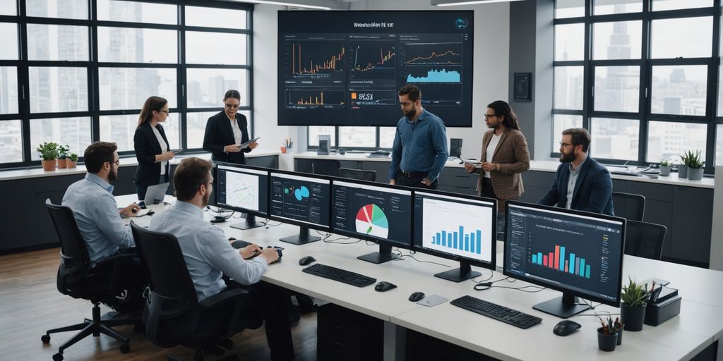 Professionals collaborating with AI technology in modern office.