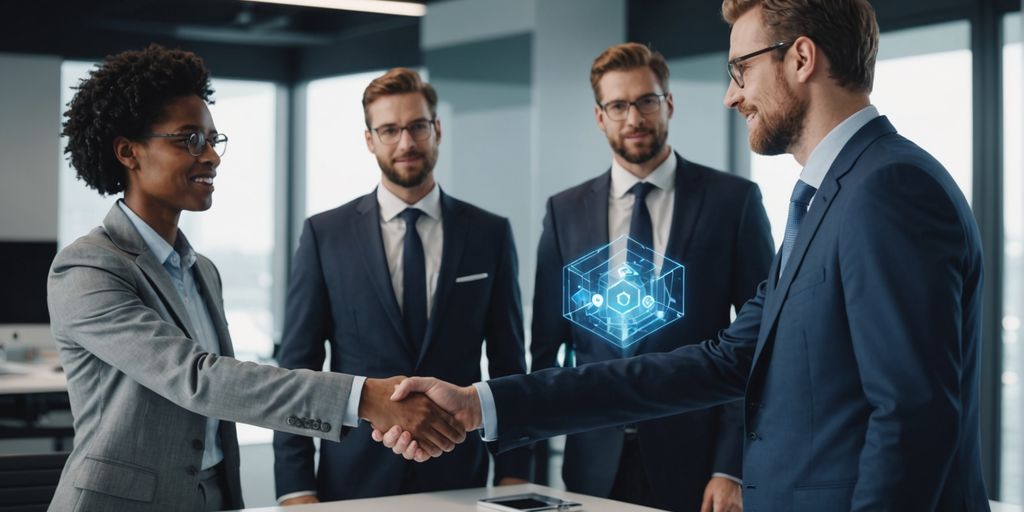 Businessperson shaking hands with reseller, AI icons floating