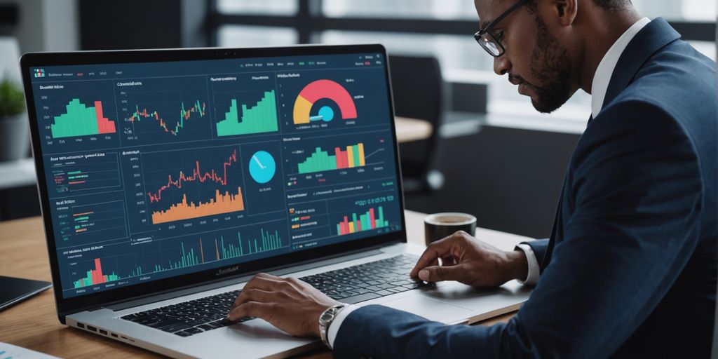Professional analyzing AI data charts on laptop.