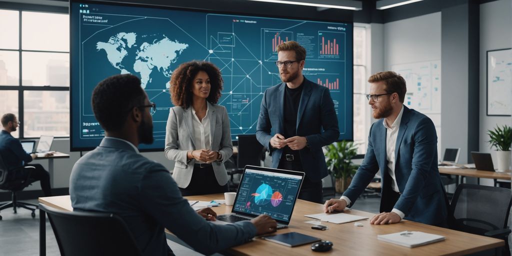 Entrepreneurs collaborating with AI technology in a modern office.