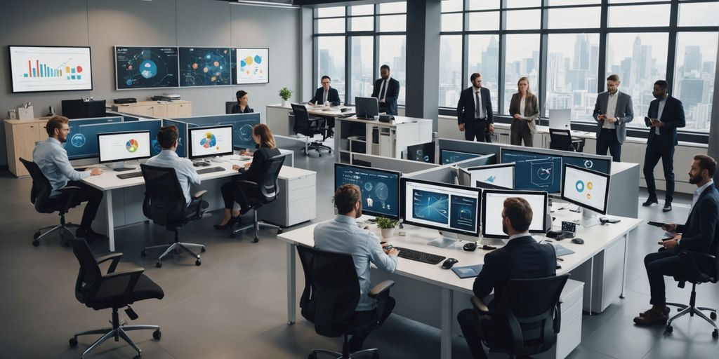 Team collaborating with AI-themed graphics