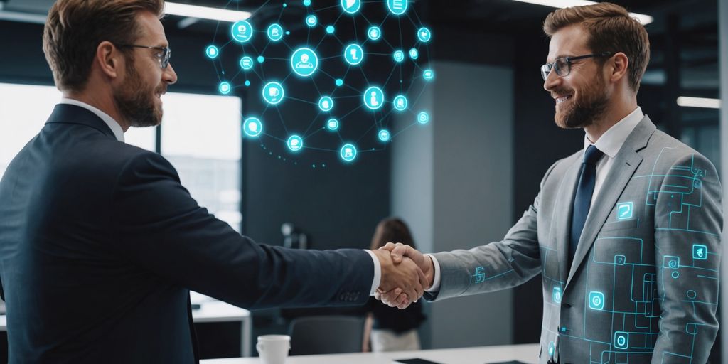 Businessperson shaking hands with client, AI icons visible.