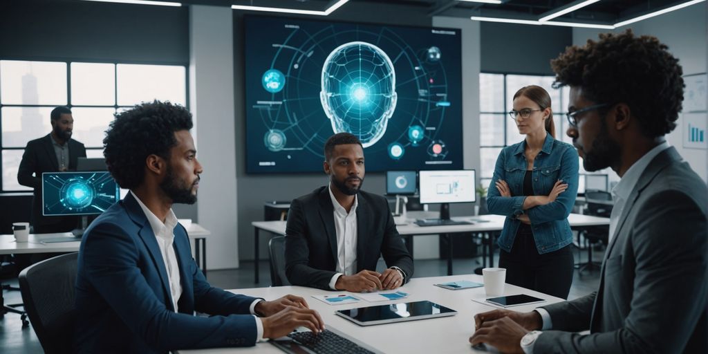 Entrepreneurs with AI holograms in modern office.