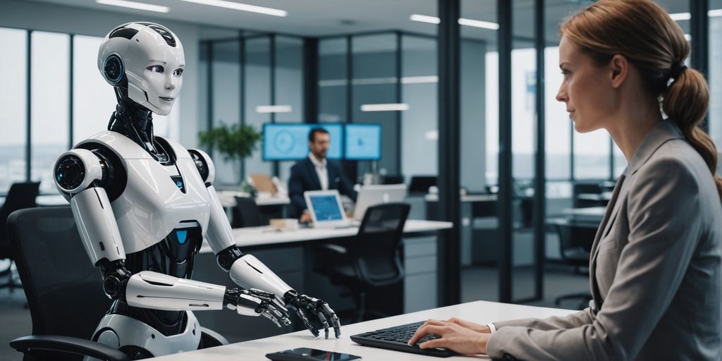 Humanoid robot receptionist with business professional