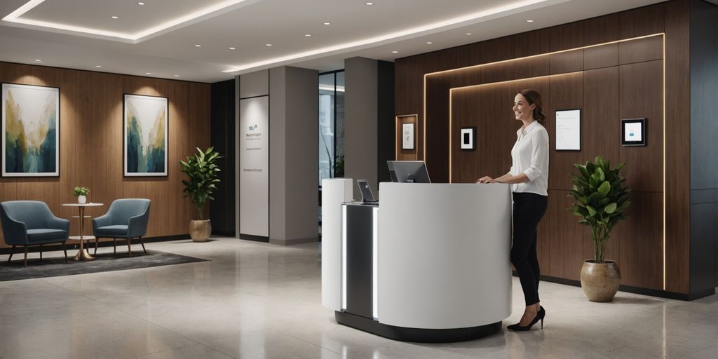 AI and human receptionists in a modern office lobby.