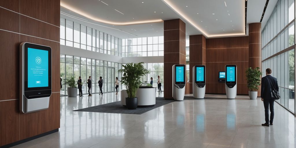 Futuristic business lobby with AI kiosks and digital assistants.