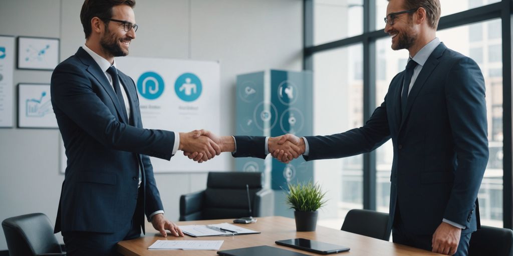 Businessperson shaking hands with client in office.
