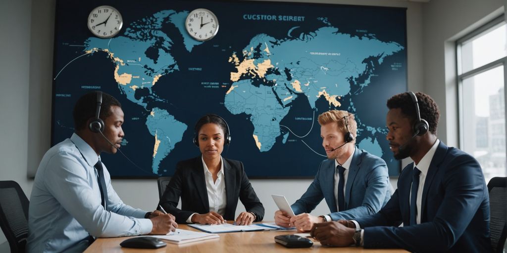 Customer service team with world map and time zones.