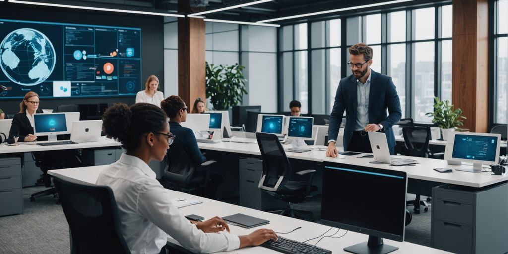 Professionals using AI phone systems in a modern office.