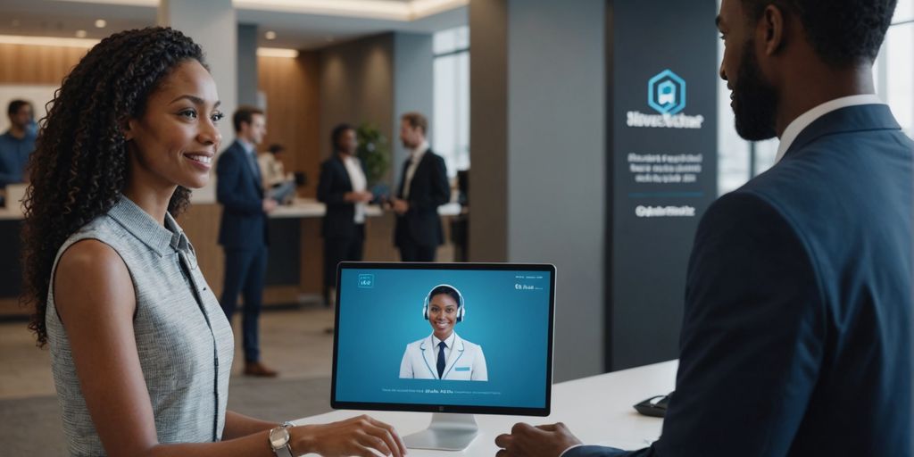 AI receptionist greeting diverse customers in office lobby.