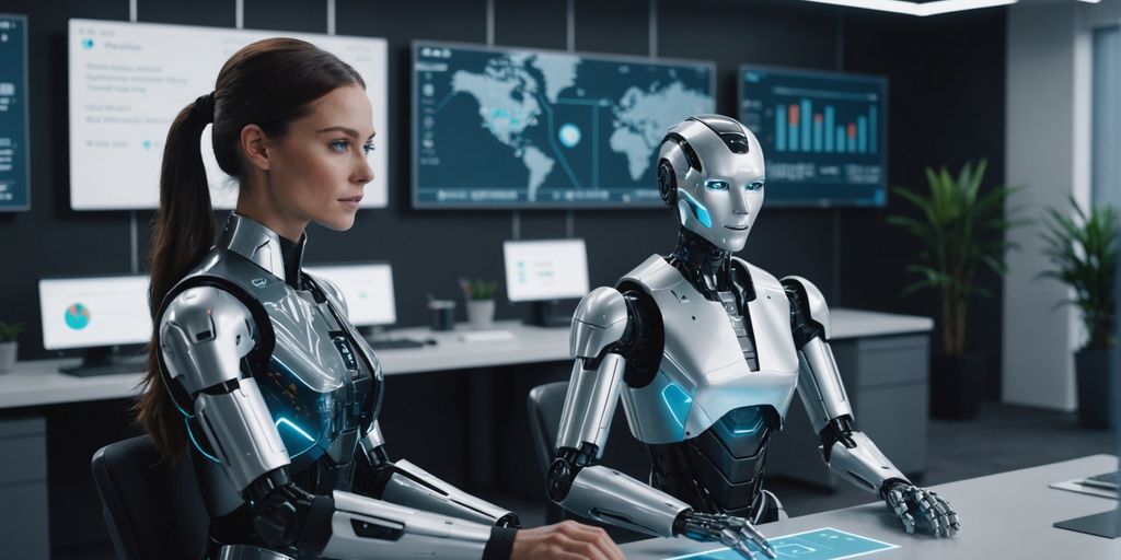 Robot receptionist with business professionals and holographic data.