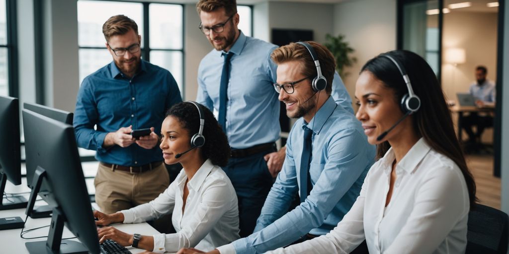 Professionals using AI phone systems in a modern office.