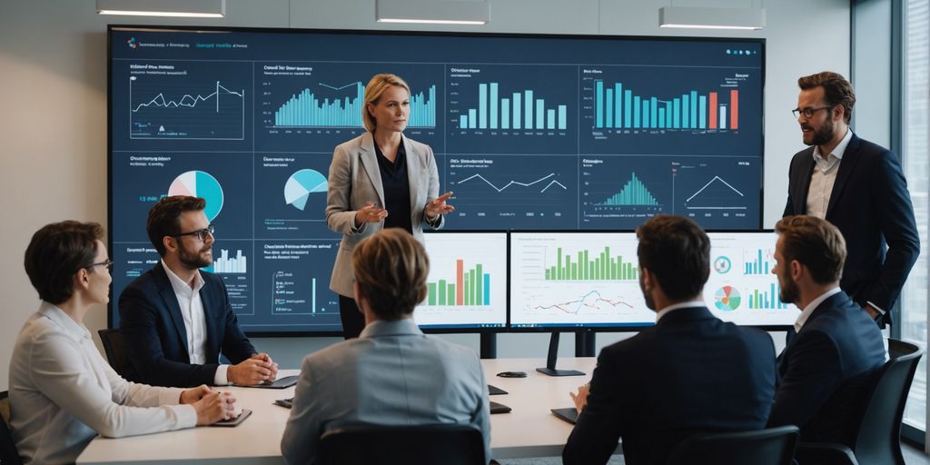 Professionals discussing AI technology in an office.