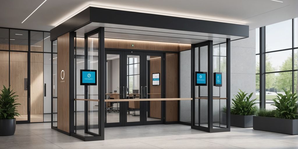 Modern business entrance with AI-powered reception kiosk