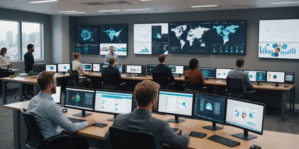 Professionals collaborating with AI tools in a modern office.