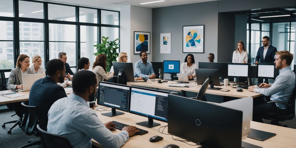 Professionals using AI phone systems in a modern office.