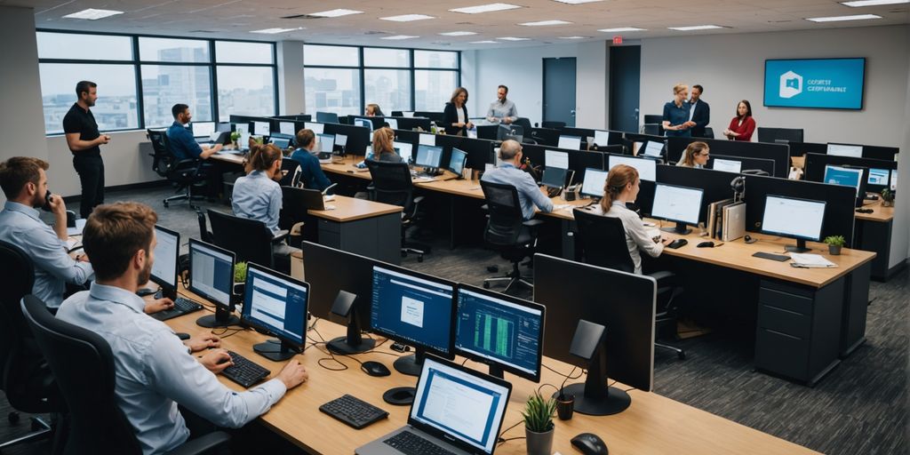 Professionals collaborating on AI customer support solutions.